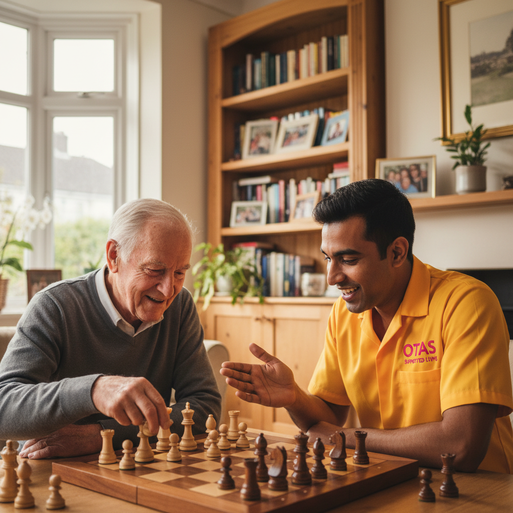 An Otas Supported Living companionship carer playing chess with an elderly man at home in Sheerness, Kent - stimulating, enjoyable social support that keeps the mind active