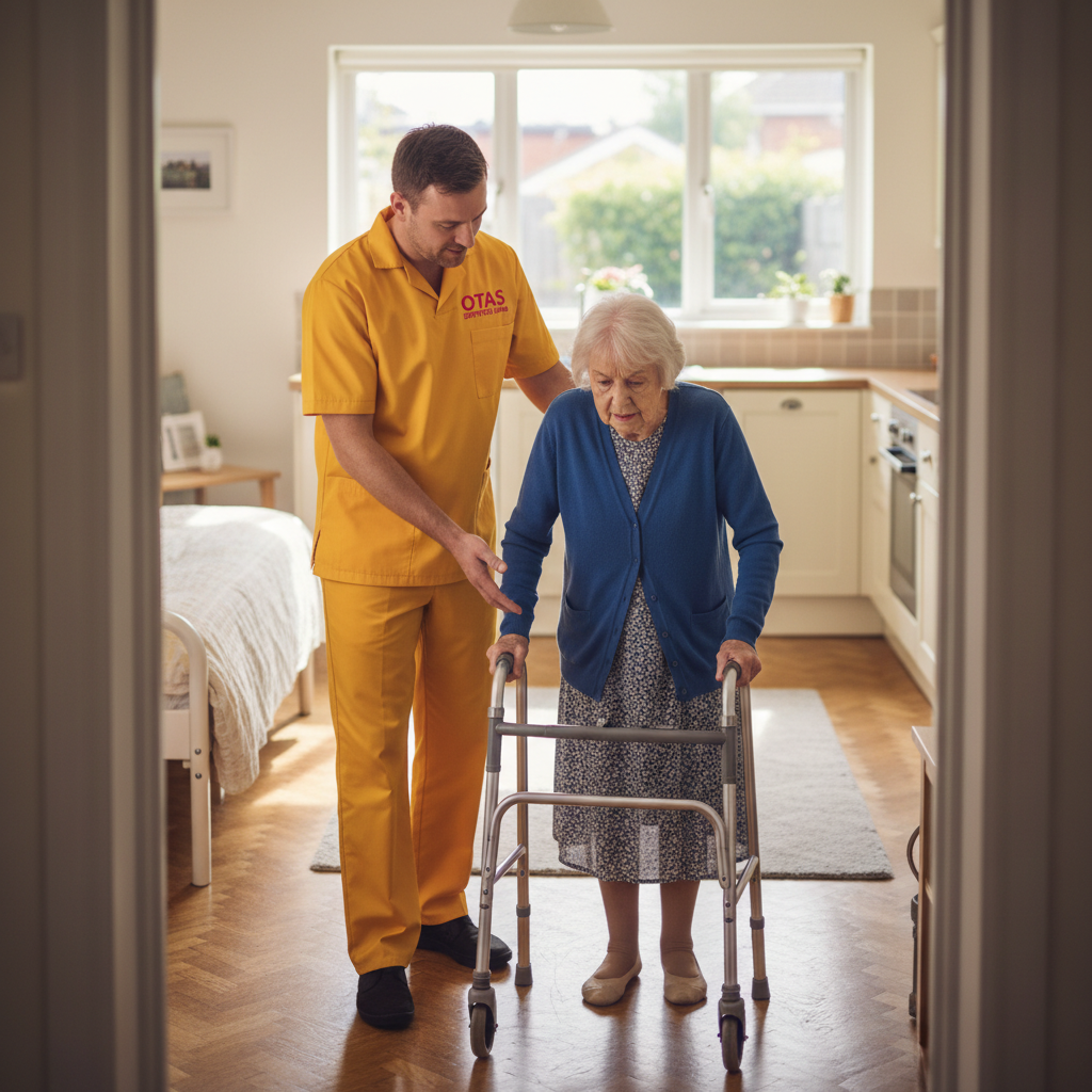 An Otas Supported Living reablement carer encouraging an elderly man to make his own tea in his kitchen in Sheerness - enabling independence during post-hospital recovery in Kent