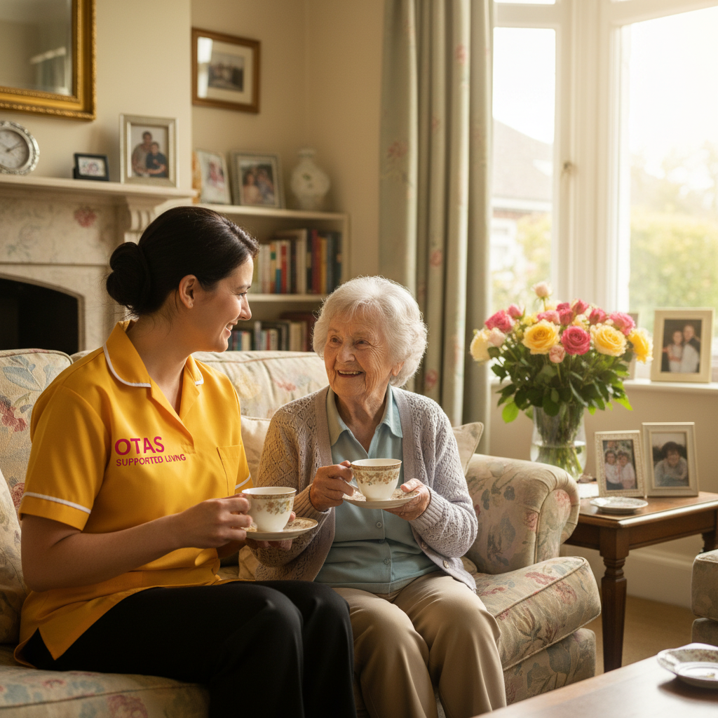 An Otas Supported Living home carer sitting with an elderly woman in her own living room in Sheerness, Kent - professional, person-centred domiciliary care that supports independence at home across the Isle of Sheppey