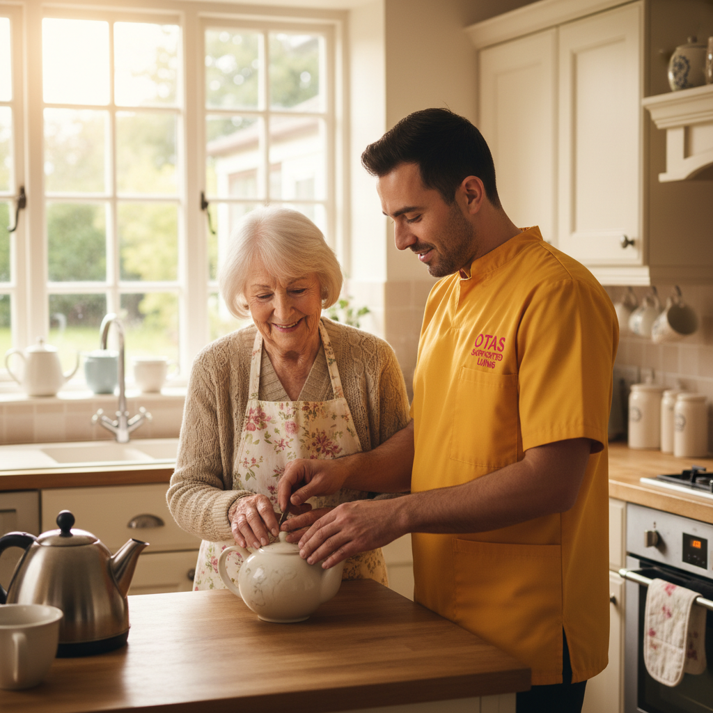 An Otas Supported Living home carer supporting an elderly woman to make tea independently in her own kitchen in Sheerness - enabling independence through person-centred domiciliary care in Kent