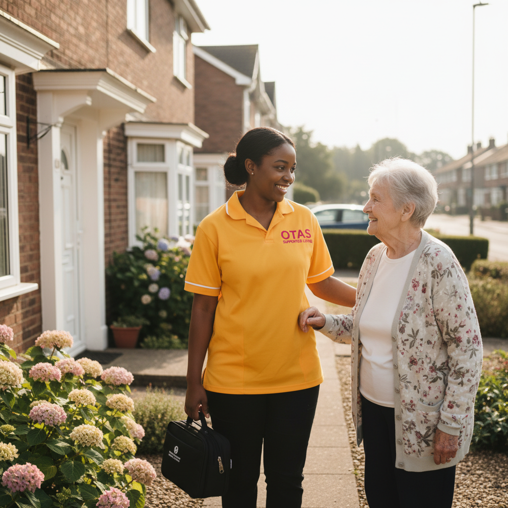 An Otas Supported Living community carer arriving at an elderly woman's home in Sheerness, Kent for a flexible hourly care visit - reliable, professional community care on the Isle of Sheppey