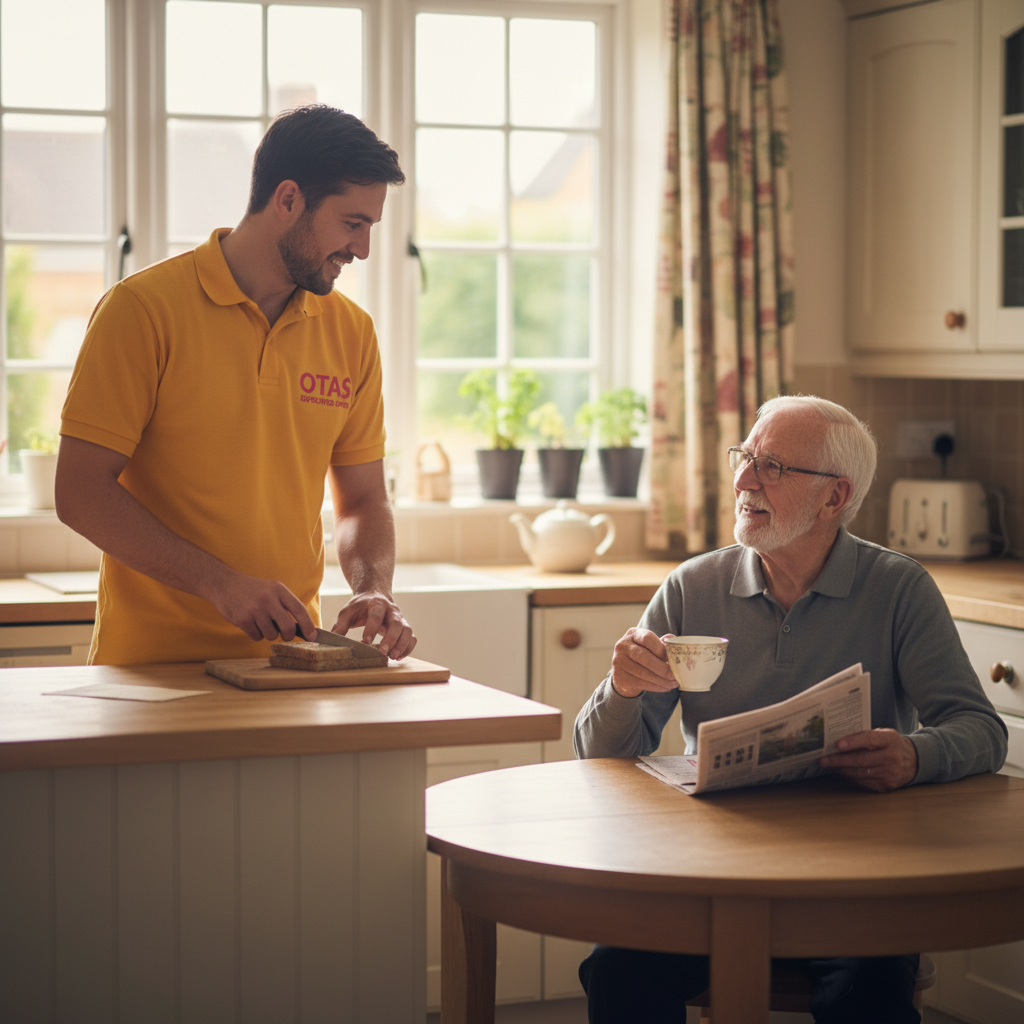 An Otas Supported Living community carer preparing lunch for an elderly man in his kitchen in Sheerness, Kent - practical, friendly hourly home care that supports independence and daily wellbeing