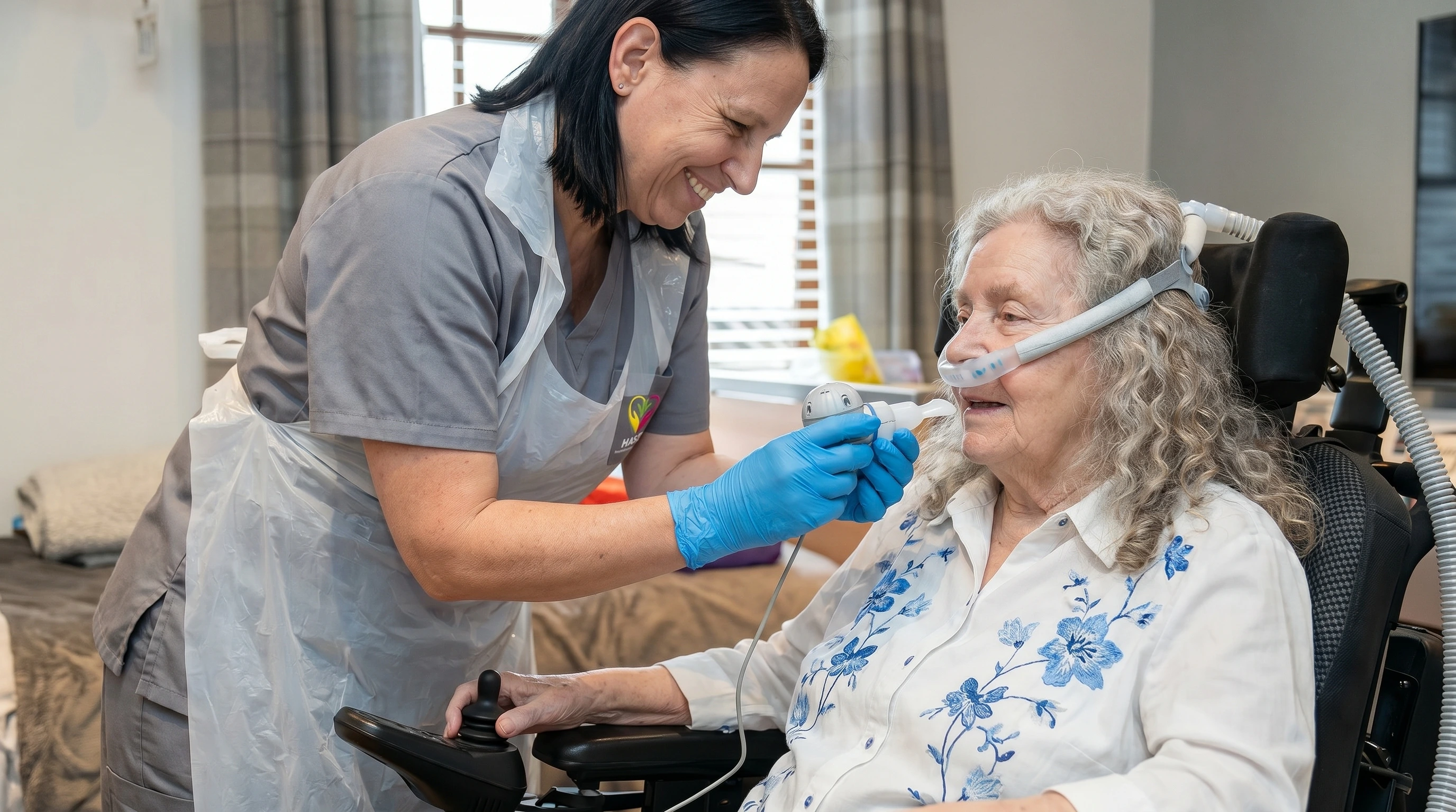 Hasz Homecare Services carer providing complex respiratory care to elderly woman at home