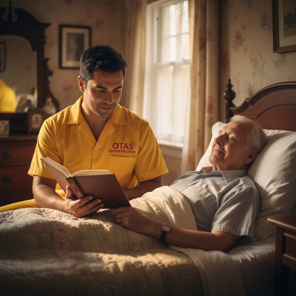 An Otas Supported Living palliative carer reading to an elderly man at his bedside in Sheerness, Kent - compassionate end-of-life care that honours the whole person