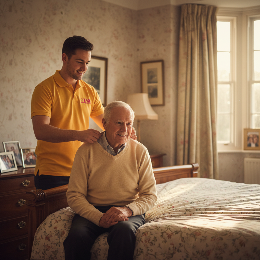 An Otas Supported Living carer helping an elderly man with dressing in his bedroom in Sheerness - dignified, respectful personal care at home in Kent