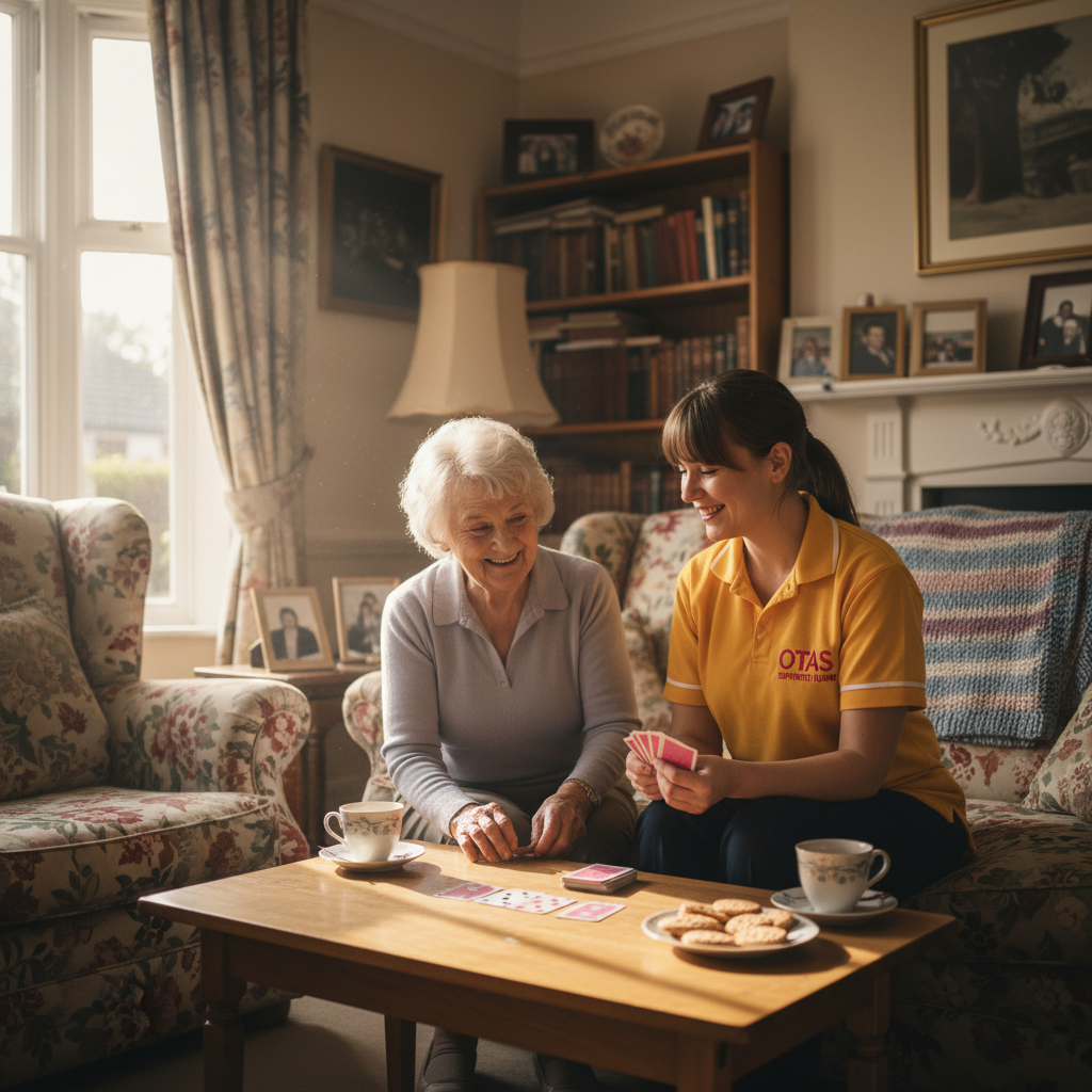 An Otas Supported Living respite carer enjoying a baking activity with an elderly woman in her home in Sheerness, Kent - meaningful, dignified respite care