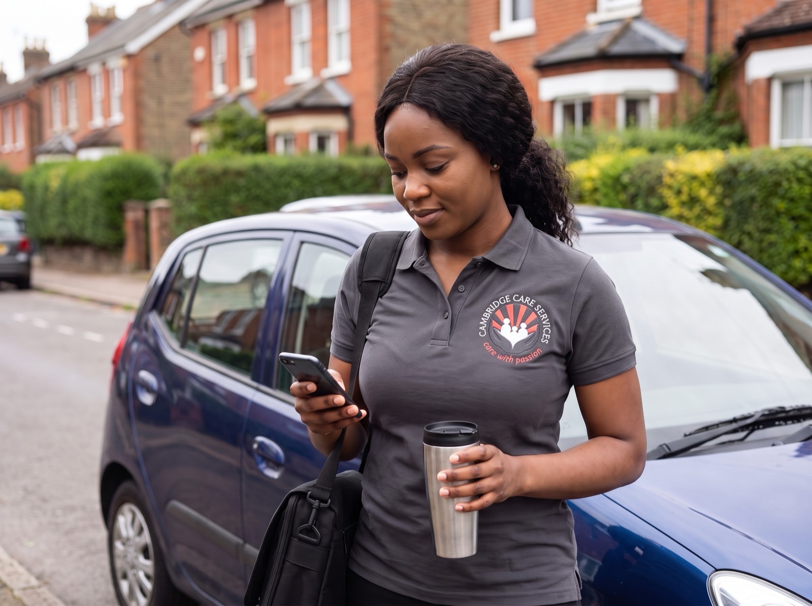 Cambridge Care Services care assistant in branded charcoal grey uniform checking her rota between home care visits in Cambridge