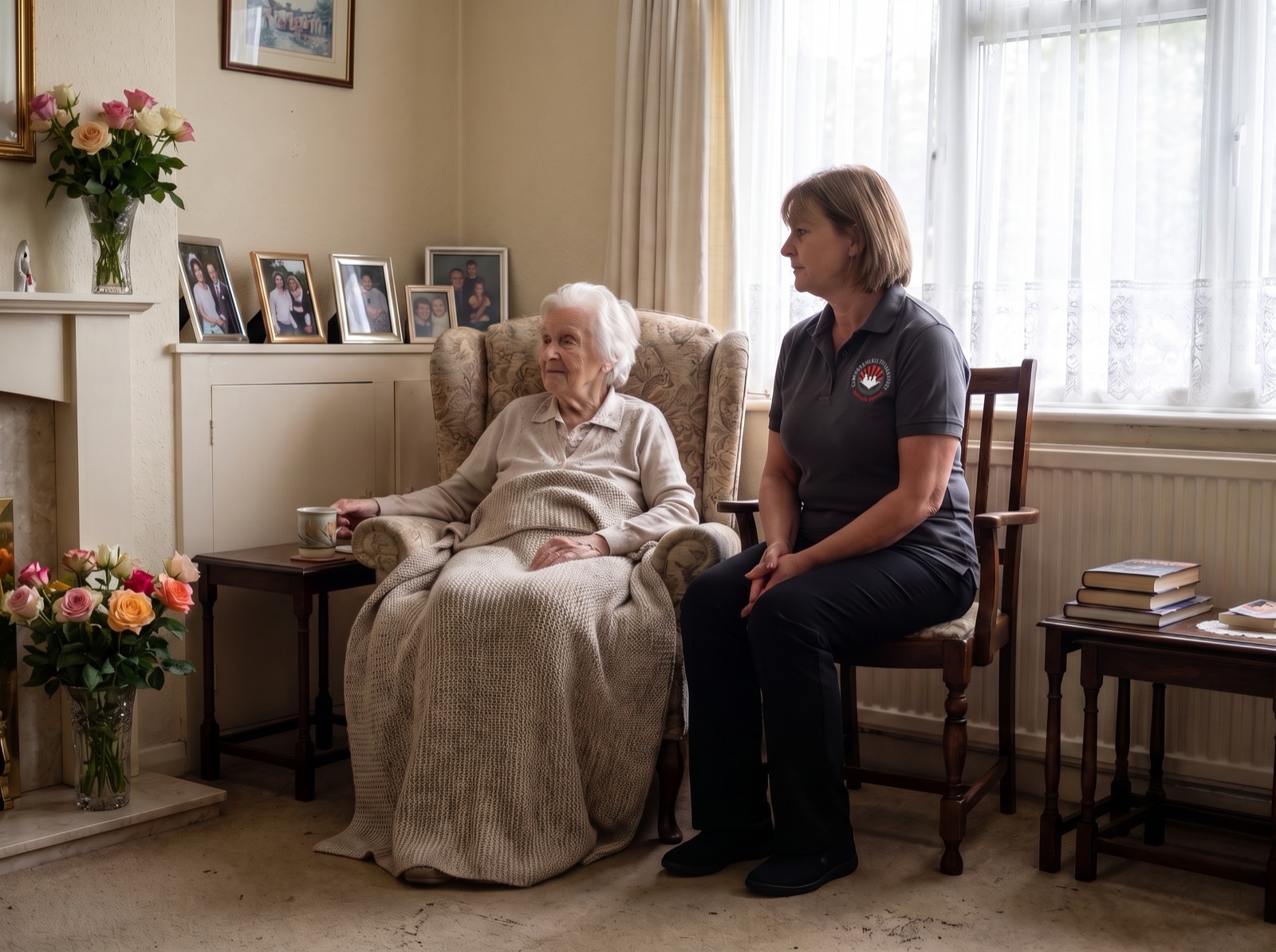 Cambridge Care Services carer sitting quietly with an elderly woman resting in her armchair at home in Cambridge